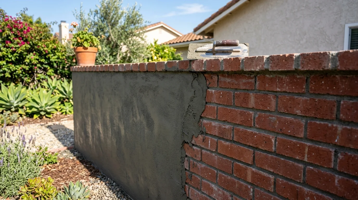 A garden wall half covered in fresh gray stucco with the original brick still exposed alongside