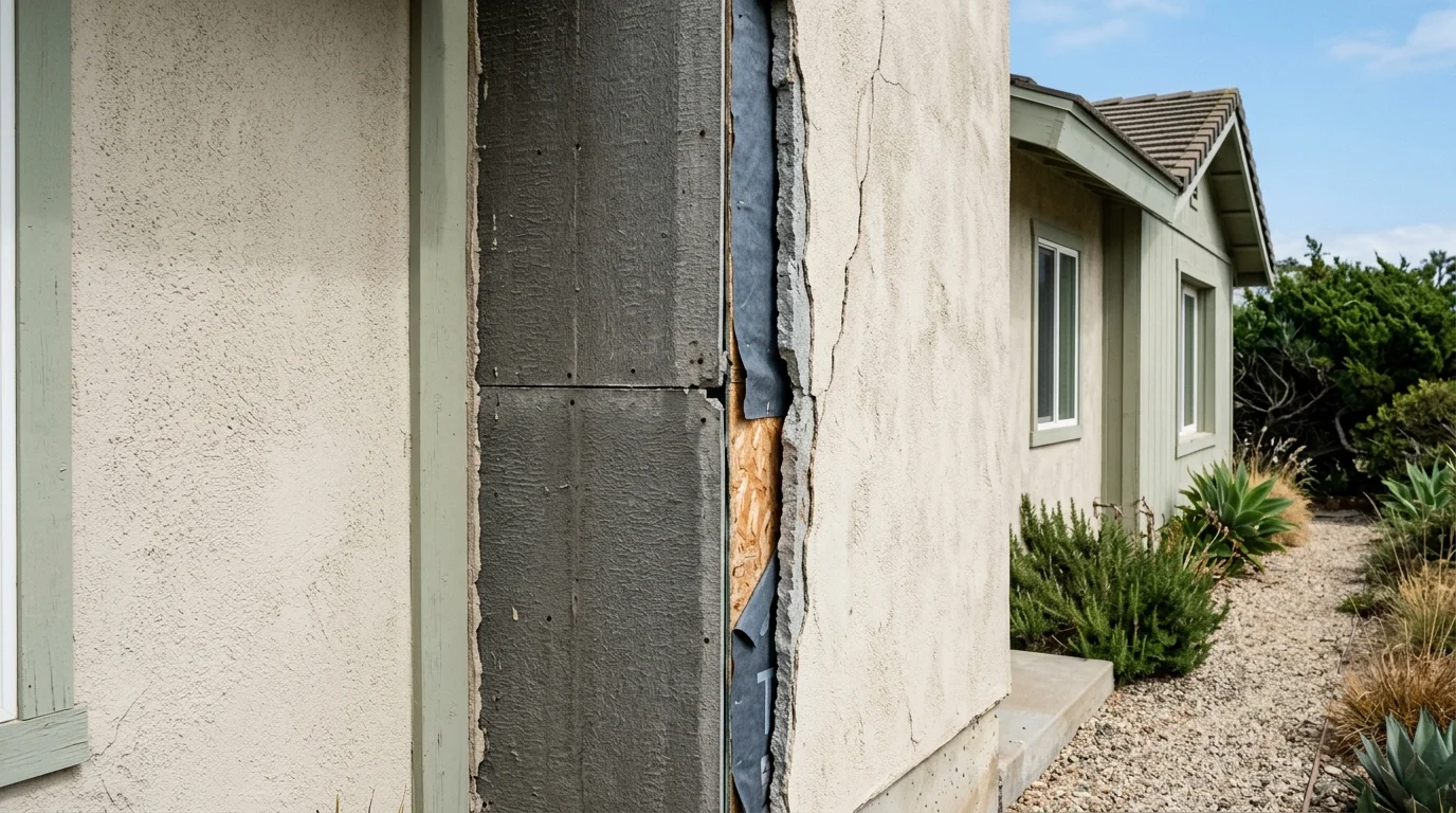 Opened addition wall with cement board and stucco cracked along a board joint