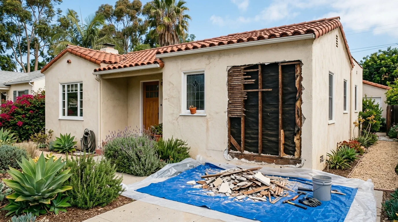 San Diego home with a controlled section of exterior stucco removed