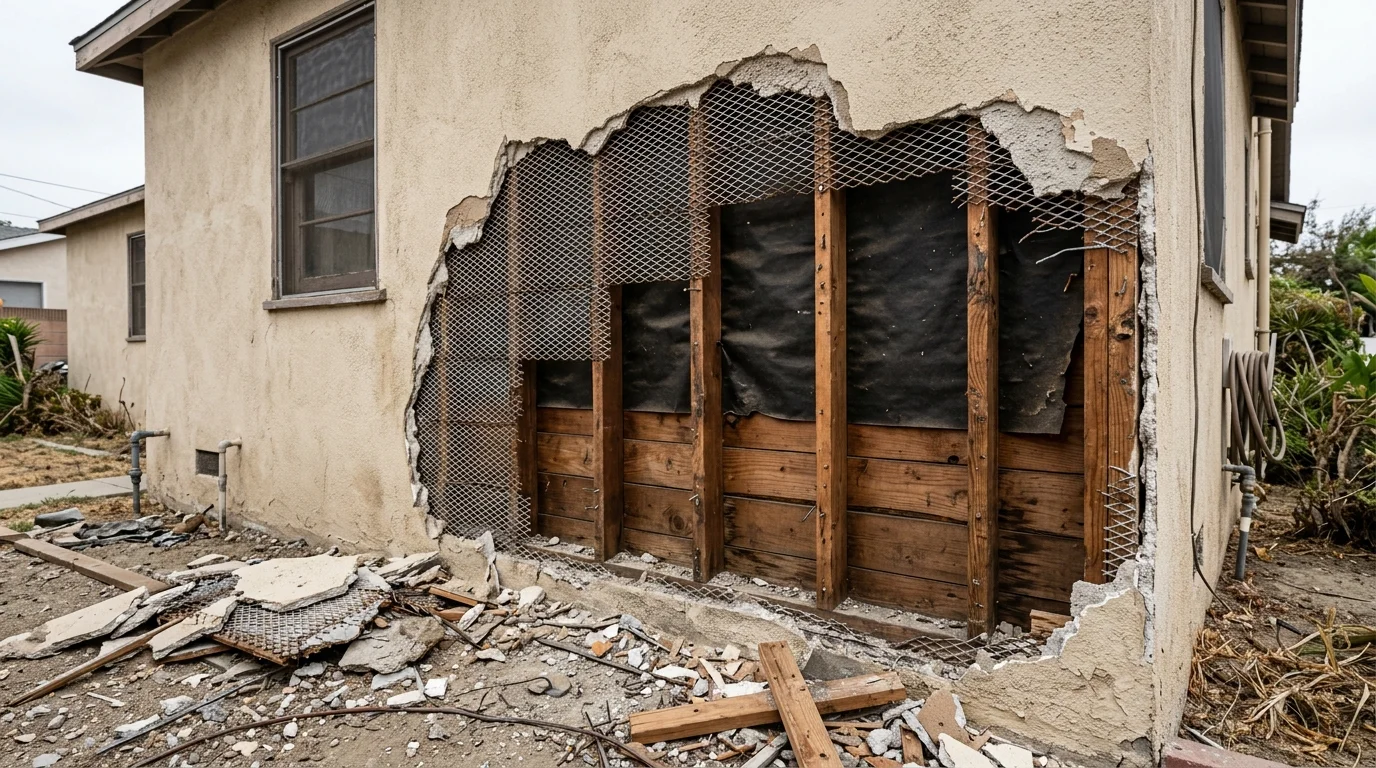 A section of stucco stripped back to bare lath and building paper on an exterior wall