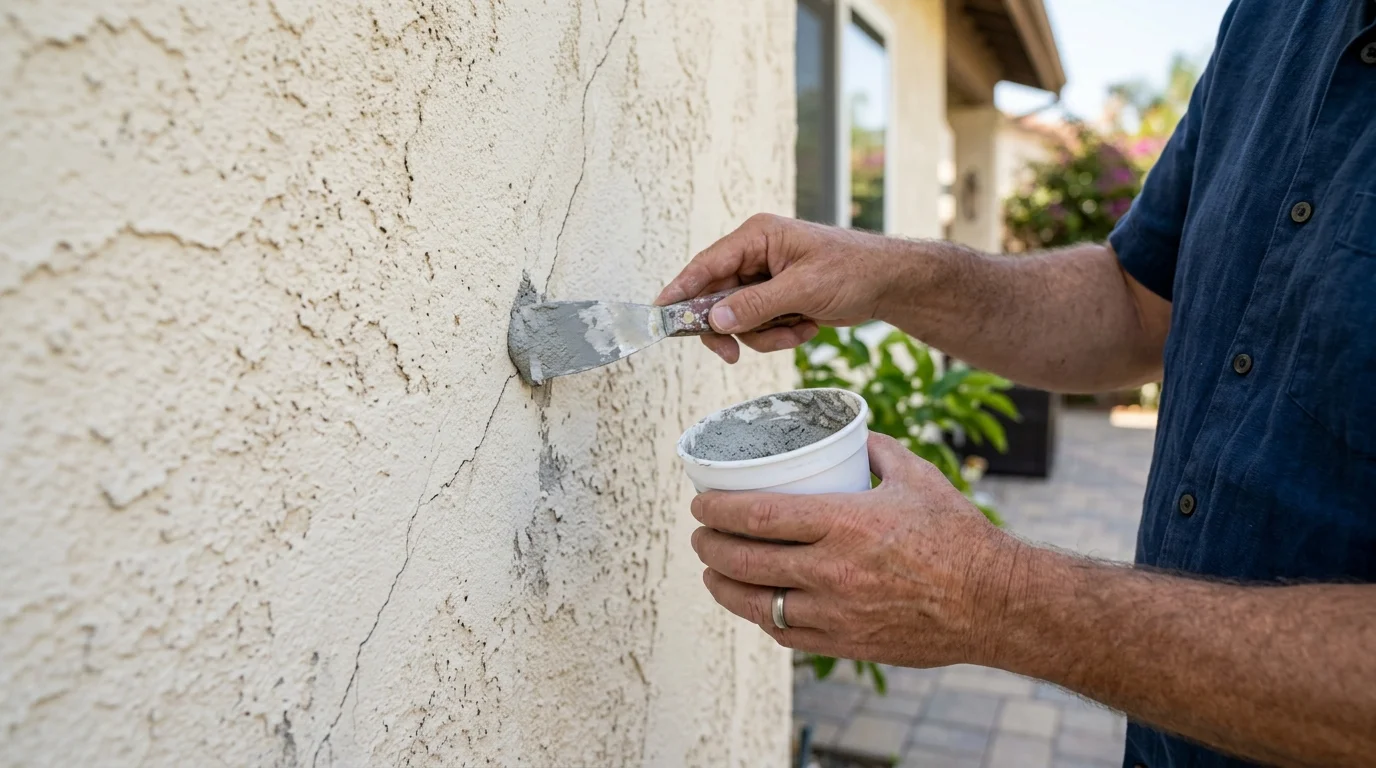A homeowner's hands holding a small tub of stucco patching compound in front of a cracked exterior wall