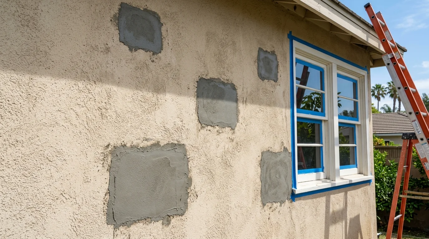 A stucco wall with several gray patches waiting for paint, taped at the window edges
