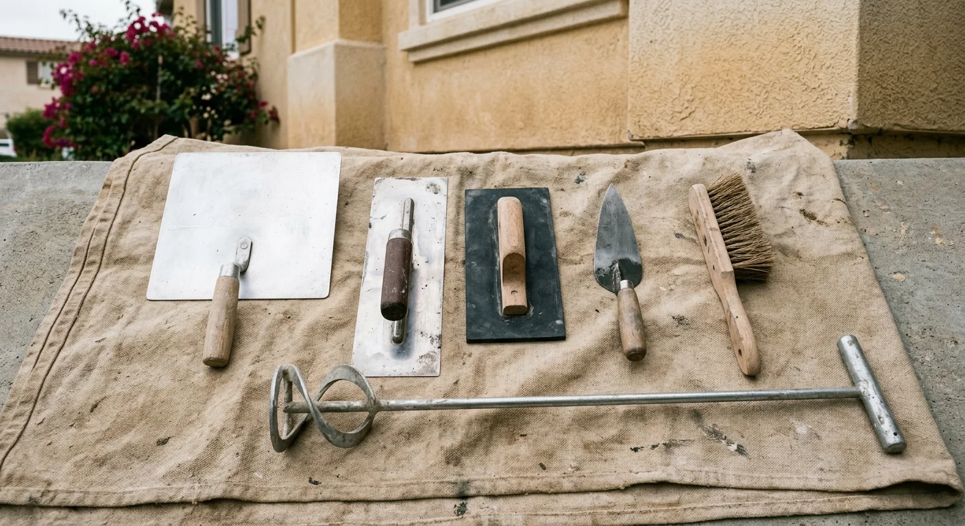 Stucco hand tools laid out on a canvas drop cloth: trowel, hawk, float and brush