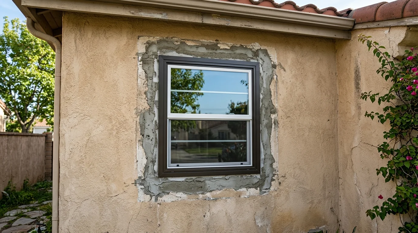 Replacement window set in a stucco wall with an unfinished repair band around the frame