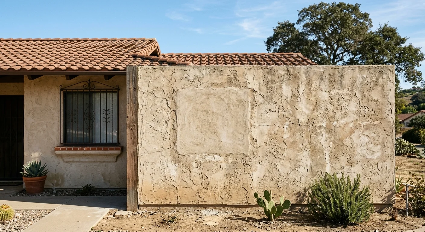 Repaired stucco section being compared with the surrounding finish on a La Presa home