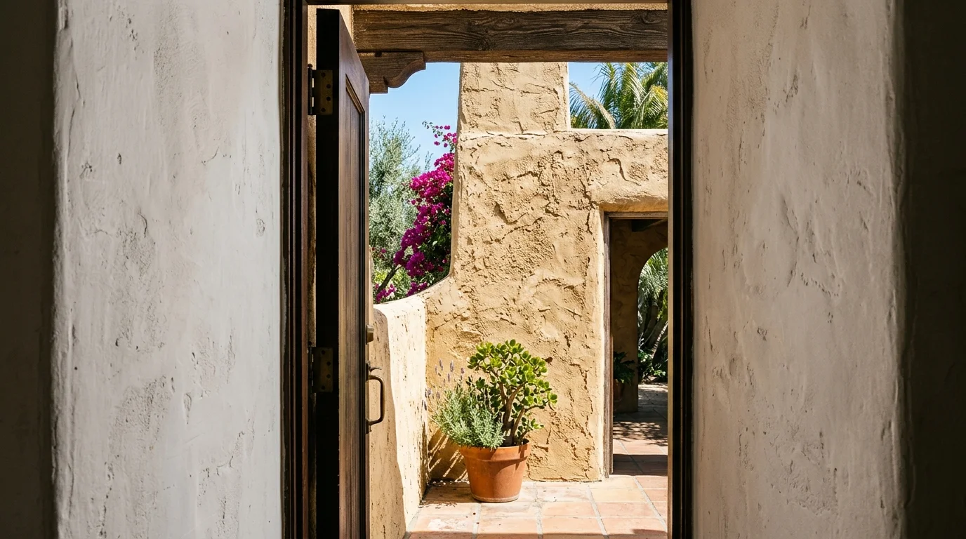An exterior cement plaster wall and an interior plaster wall shown at a doorway threshold