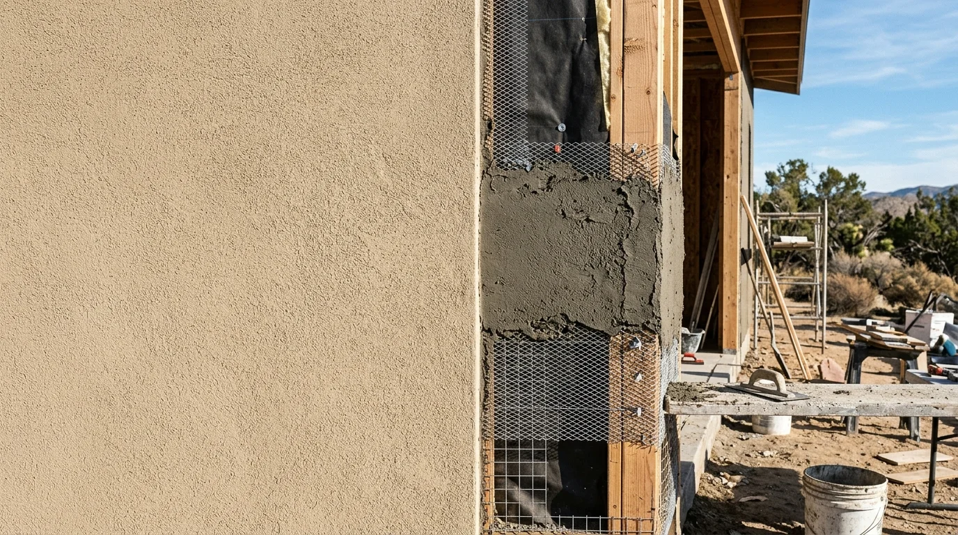 Two adjacent exterior wall samples at different stucco stages
