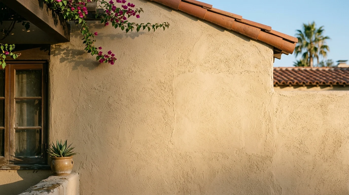 A completed stucco repair blended into the surrounding wall, visible only as a faint color difference