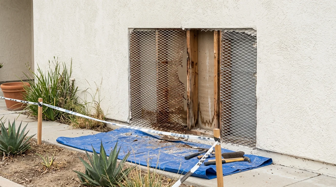 Opened exterior stucco wall showing damaged metal lath beside intact material