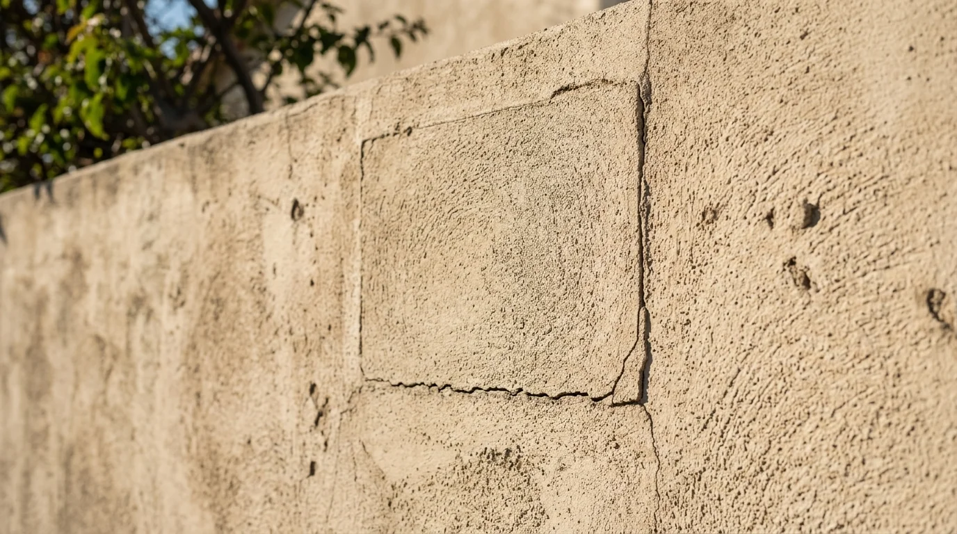 Rectangular stucco patch with a crack reopening along one edge