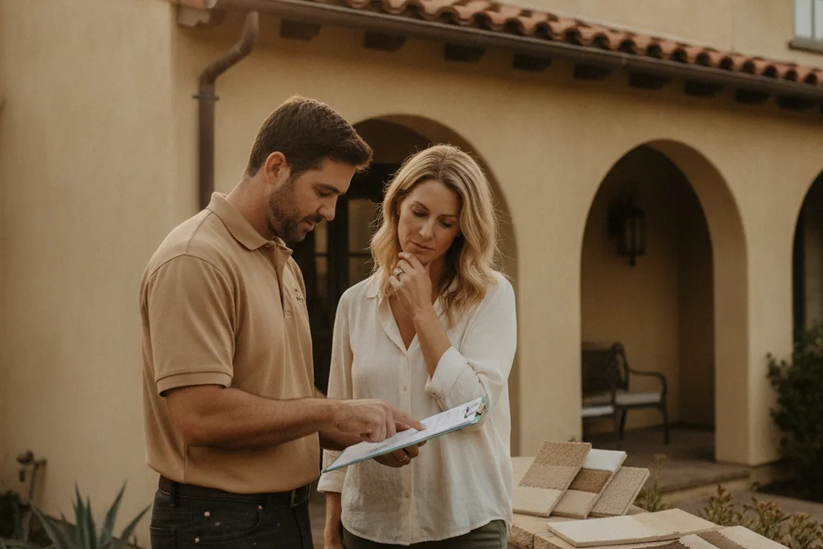 Homeowner and a stucco crew member reviewing a wall assessment on the exterior of a San Diego home.