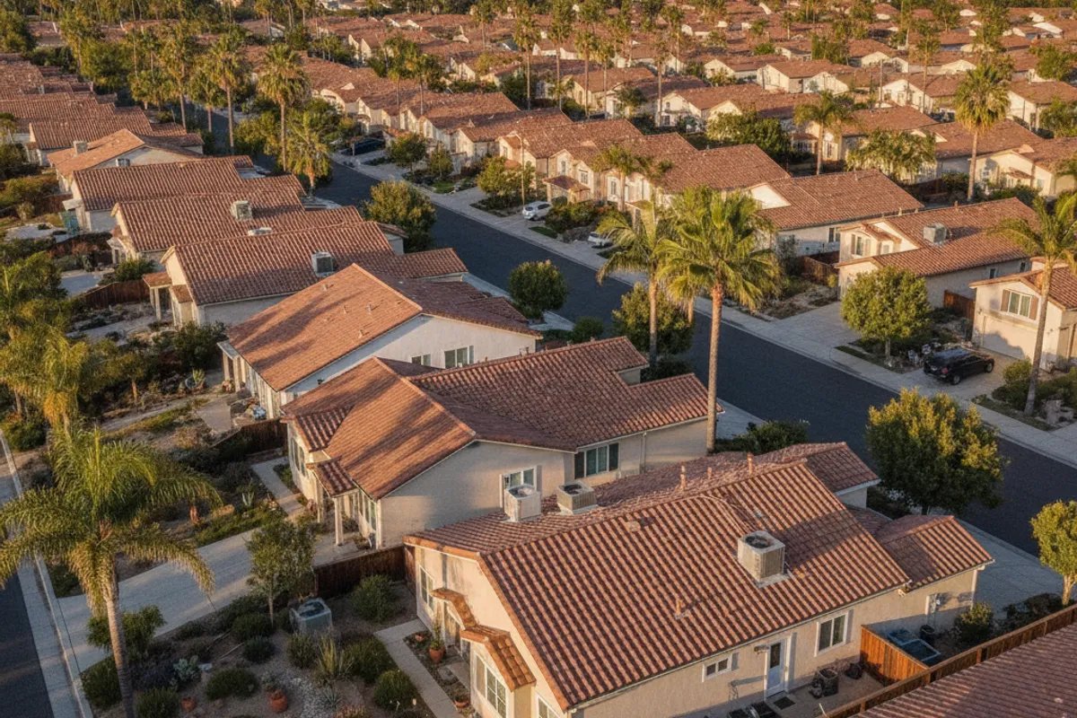 Map-style view of San Diego County neighborhoods served for stucco repair from the coast to the backcountry.