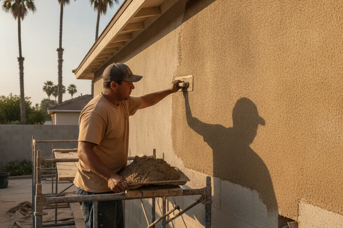 Stucco crew troweling a fresh brown coat onto the exterior of a San Diego home with metal lath visible on the adjacent section.