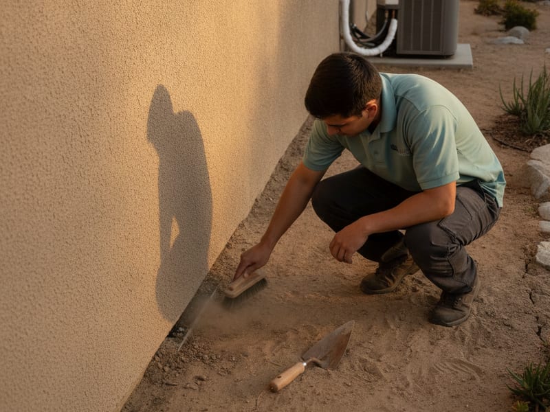 Homeowner clearing debris from a weep screed at the base of a stucco wall at a San Diego home