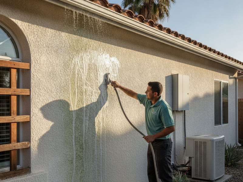 Homeowner scrubbing an exterior stucco wall with a soft brush and garden hose at a San Diego home