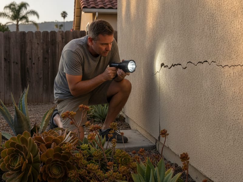Homeowner inspecting a stucco crack on the exterior wall of a San Diego home with a flashlight