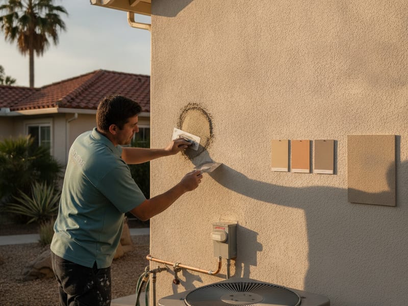 Homeowner applying a small test patch of stucco texture on a San Diego home wall to compare with the surrounding finish