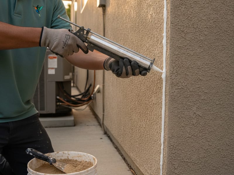 Homeowner applying elastomeric caulk to a hairline stucco crack on a San Diego home exterior